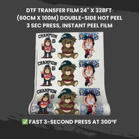 DTF Transfer Film 24" x 328FT (60cm x 100m) Double-Side Hot Peel – 3 Sec Press, Instant Peel Film